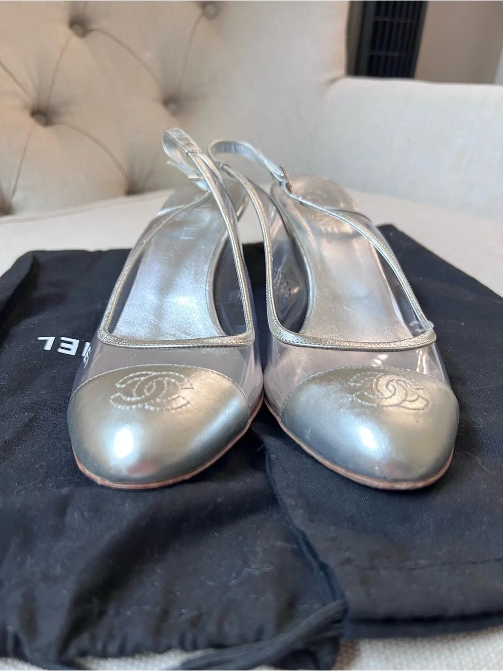 Chanel Silver Cap-Toe Slingback Ballet cat heel